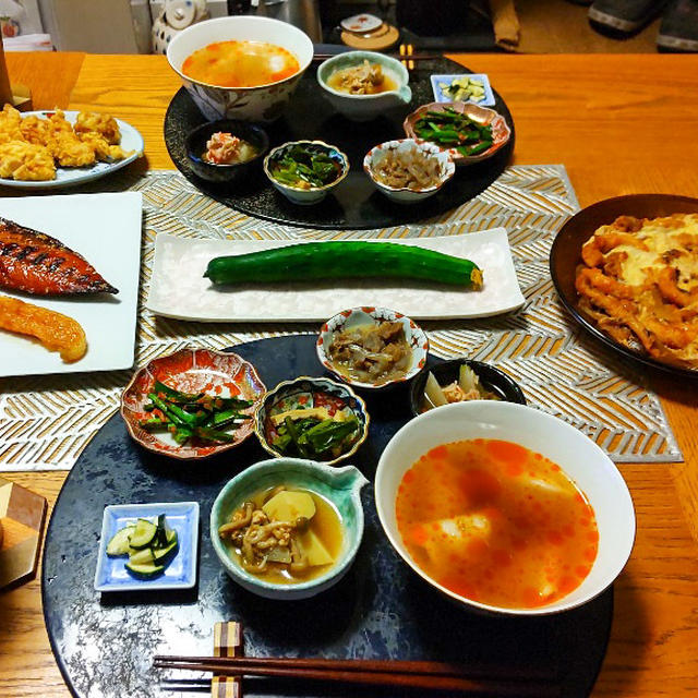 ダンナごはん！鯖味醂干し、鮭ハラス焼、イカリングのたまごとじと小鉢５品+αで晩酌