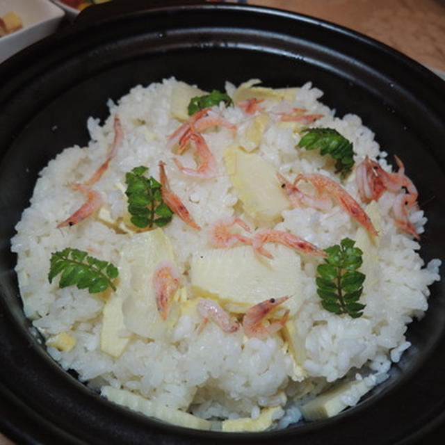 筍三昧、今夜は筍ご飯、姫皮の梅肉和え、煮物