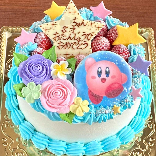 星のカービィが可愛い☆お花飾りのデコレーションケーキ