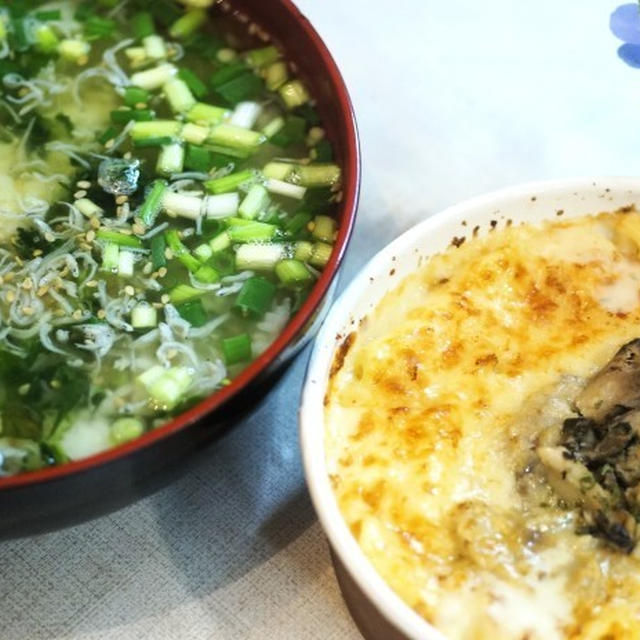 ■手抜きご飯とメダカちゃん【野沢菜ちりめん茶漬けと７イレブンのキノコグラタン／我が家のメダカちゃん】