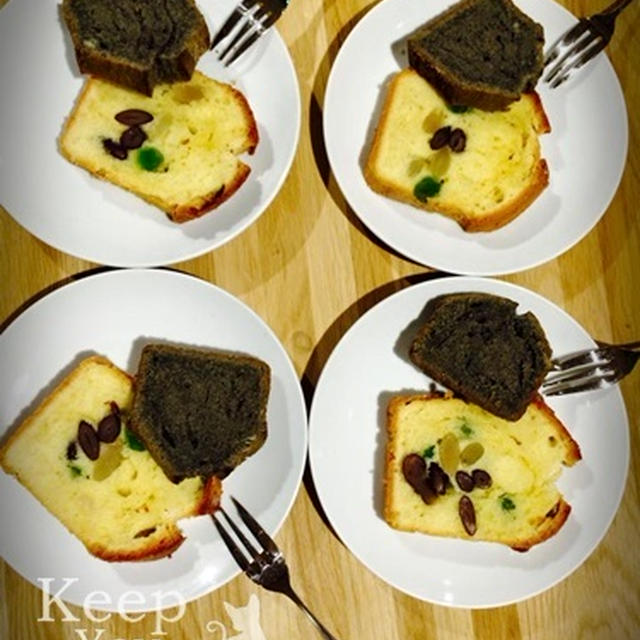 +*パウンドケーキ+*ハート入と３色豆のミルク味、黒胡麻ペースト和風