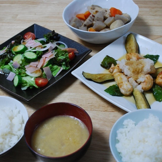 昨夜は鶏と茄子の揚げびたしなど～！