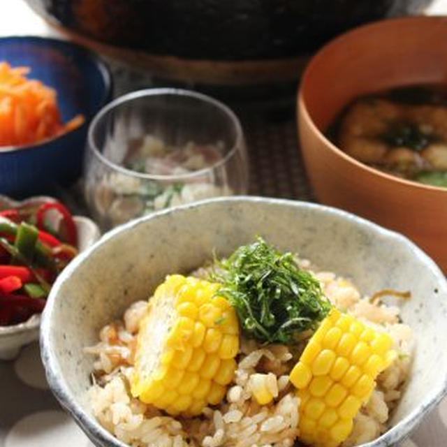 「とうもろこしとじゃこの塩昆布の炊き込みご飯」と冷蔵庫整理料理