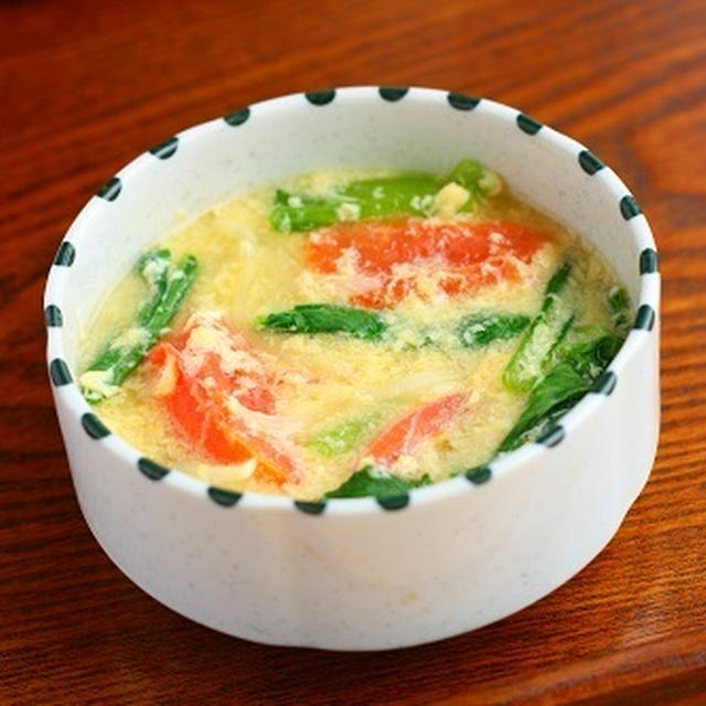 【スープレシピ】小松菜とトマトのかき玉スープ