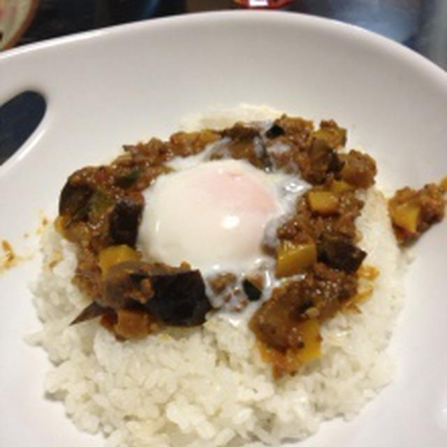 作り置きしておいた、具がごろっと味わえる茄子と南瓜のドライカレーの夕食