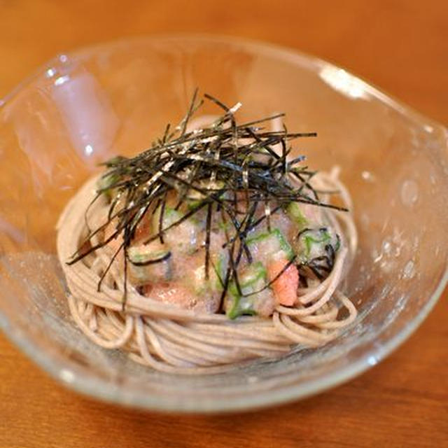 オクラと長イモ、明太子の涼蕎麦