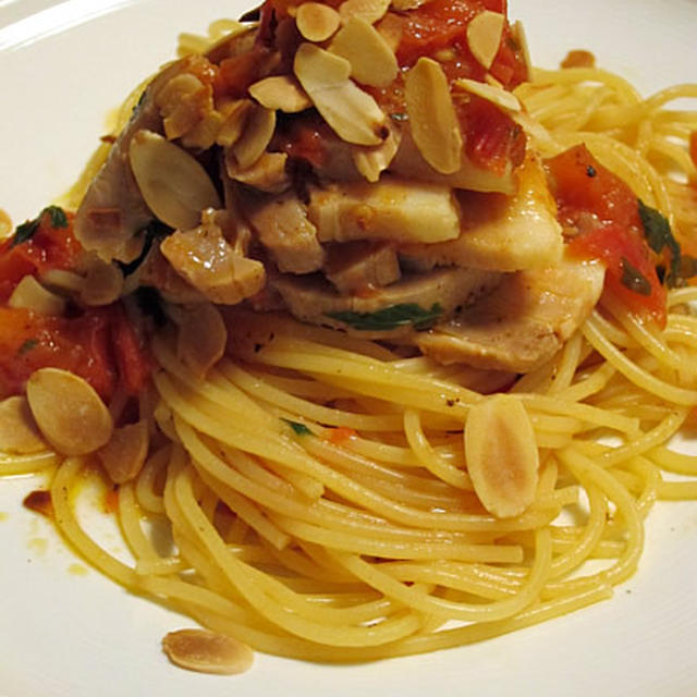 ゆで塩豚とトマトのスパゲティ