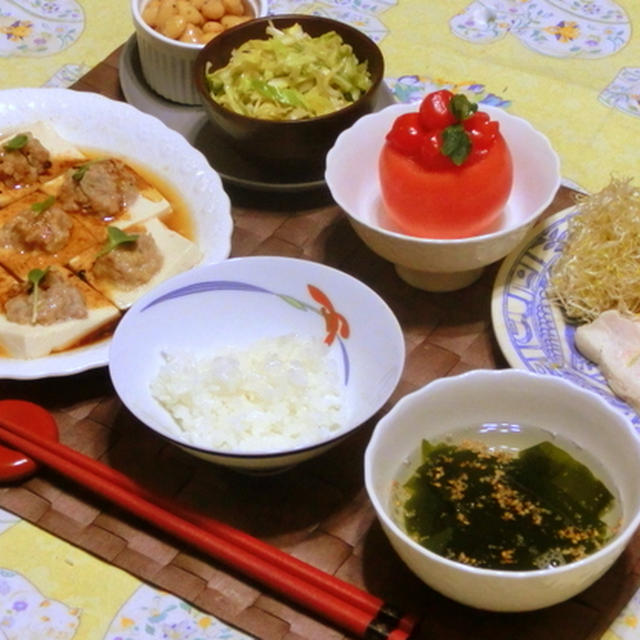 豆腐のひき肉詰め蒸し、焦がし醤油ソース♪♪