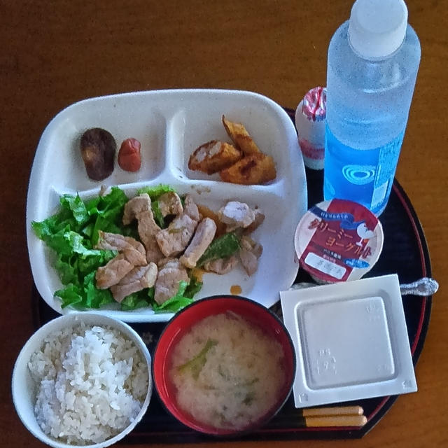 朝ご飯は８時　豚ロース炒めと薩摩揚げ