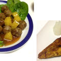 揚げない肉団子とパイナップルの酢豚風、塩サバのカレー焼き、豚と鶏の角煮