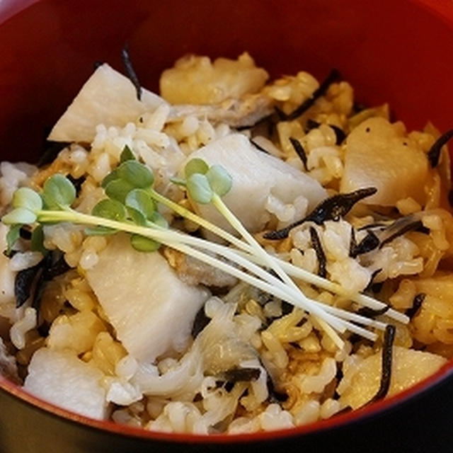 里芋とひじき白ねぎの玄米ごはん【塩とお酒のみで切って炊飯器に入れるだけ】レシピ