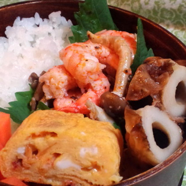 塩麹きのことエビのラー油和え弁当