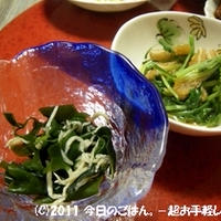 小松菜とお揚げの炊いたん＆わかめとしらすの酢の物　チンで２分♪