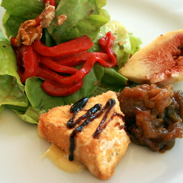 カマンベールのフライ無花果胡桃のジャム（レシピ付）添えサラダ、ランド風サラダ
