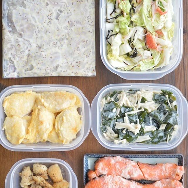 月末はやっぱこんな感じになっちゃうよねっていう作りおき。（むね肉でメイン2品と、副菜4品）