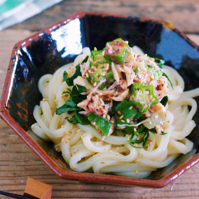 サッパリヘルシー♡胃腸に優しい♡『蒸し鶏とオクラの梅だれ冷やしうどん』【レシピブログ連載】