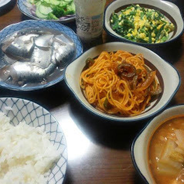 いわしのさしみ、にらたま、パスタ