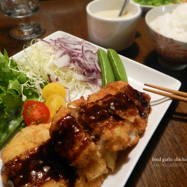 お安い胸肉でやわらか〜いガーリックチキンカツと　エリンギのポタージュスープ