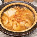キムチ鍋の三段活用（タラ・野菜・エビ）