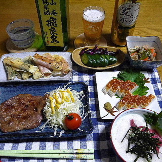 【晩酌】薩摩黒豚味噌漬け焼き・まぐろ山かけ・チーズしそ巻き＆チーズハム巻き…
