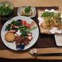 豚肉の新たま巻・新たまと三つ葉のかき揚げ・フキノトウの天ぷら・”陽光桜”　♪