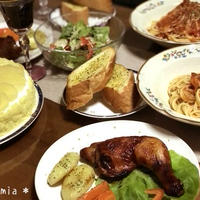 【ダンナ料理】ローストチキンレッグ＆トマトとツナのパスタ＆アボカドとベビーホタテのサラダ【簡単Xmasディナー】