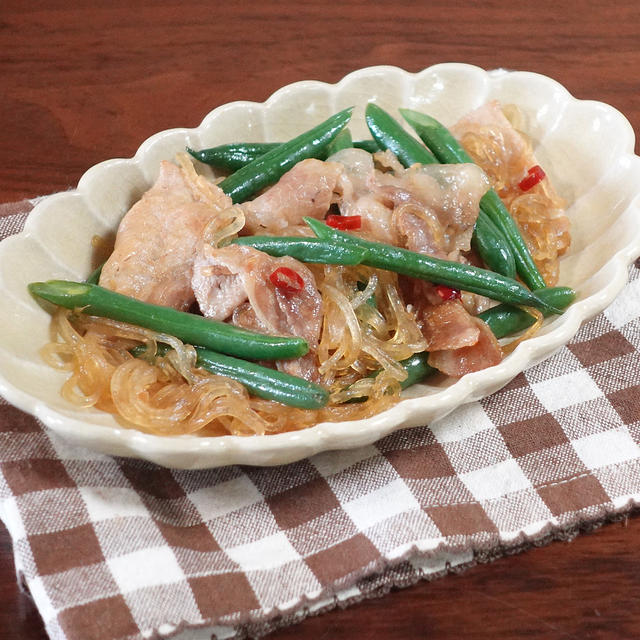 簡単6分！インゲンと豚肉の春雨 味噌炒め