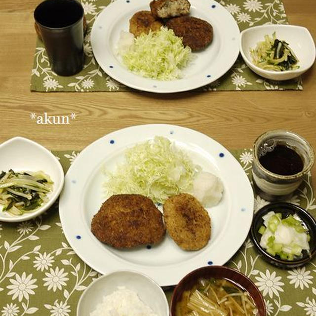 生パン粉使いきり。メンチカツとコロッケの晩ごはん