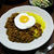 キーマカレーとサフランライス。まん丸目玉焼きのせ。
