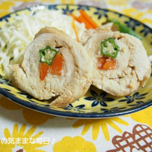 レンジで簡単☆鶏肉の野菜巻き巻きと練習ごと。