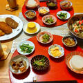 万願寺とうがらし・しめじ・高野豆腐の炊き合わせ、買ってきたメンチと作り置き小鉢７品で晩酌