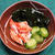カニかまとキュウリとわかめの酢のもの、本マグロほほ肉のたたき