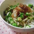 梅おろしオクラうどん　サーモンとアボカドのカルパッチョ　厚揚げ照り焼き