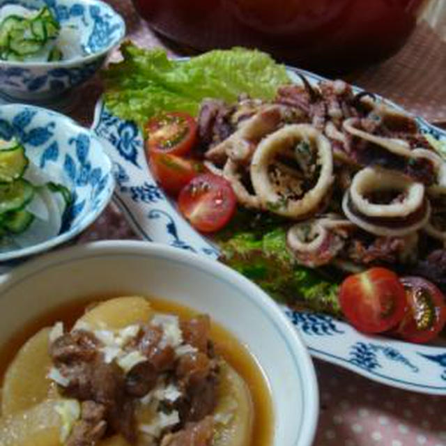 めちゃウマ！イカのにんにく青しそ揚げ。ルクルーゼで牛すじ大根。