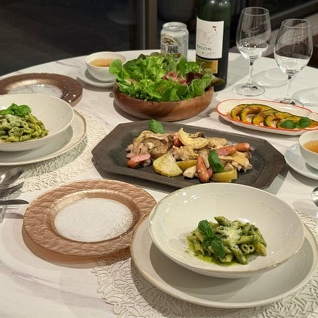 自家製バジルソースのペンネと、オーブン料理の夜ごはん