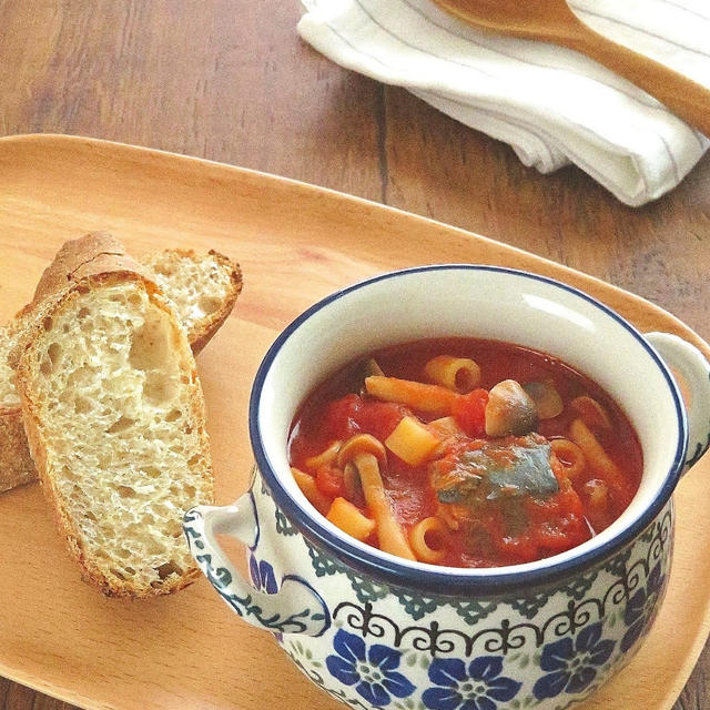 【#食べるスープ #さば缶】さば缶としめじのトマトスープパスタ