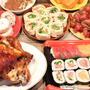 盆と正月が一度に来たみたいって言われた晩ごはん…テーブルに並べただけ(笑)
