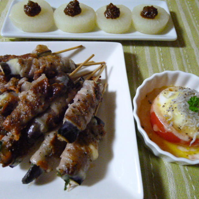 ナスシソチーズの豚バラ巻きとトマト温玉じゃこチーズ焼きの献立　夕ご飯