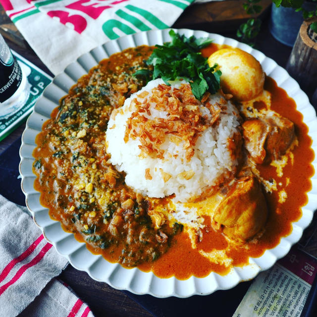 食欲の秋にもりもりとまらん❤️卵入りバターチキンカレーとほうれん草入りサグカレー♪