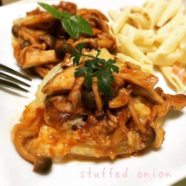 節約レシピ♡玉ねぎの肉詰めきのこソースがけ