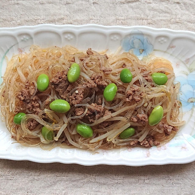 レンジで簡単７分春雨とひき肉ともやしのごま油香るコチュジャン醤油