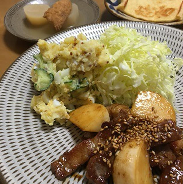 豚肩ロースの生姜焼きと粒マスタード入りポテサラ