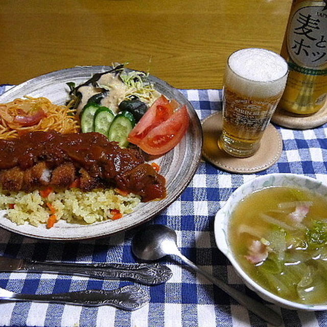 【夕食】トルコライス・レタスとベーコンのスープ…
