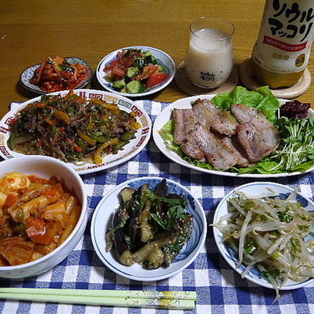 【夕食】チャプチェ・トッポギ・サムギョプサル風…