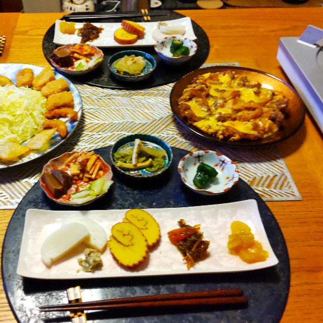 ダンナごはん！トムヤムおでん、きゃべせん揚げ物添え、いか唐揚げのたまごとじ と作り置き小鉢９品で
