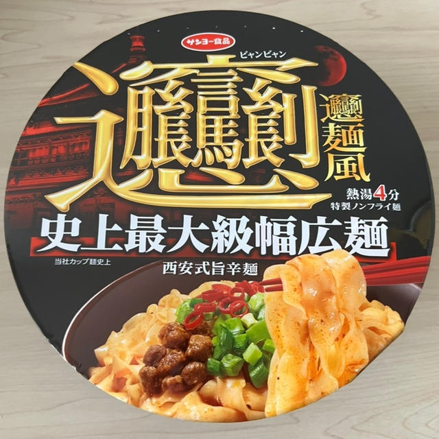 サンヨー食品　ビャンビャン麺　史上最大級幅広麺　麺はわりと薄かったかな