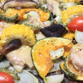 宮崎産乾しいたけでレシピ「夏野菜と椎茸と鶏もも肉のぎゅうぎゅう焼き」♪