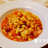 「なめこ入り鶏手羽先と大豆煮」♪　Chicken wing & Soy bean Stew