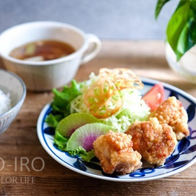 から揚げ定食と、焼きねぎの焦がし醤油スープ