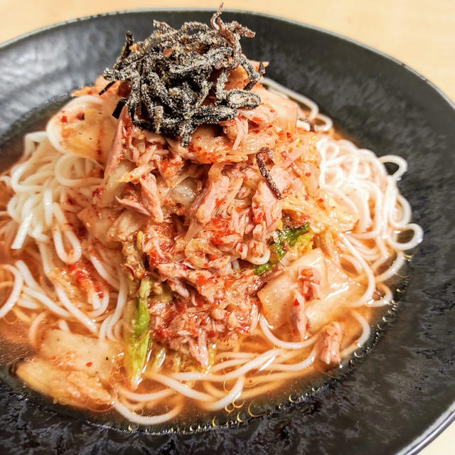 【混ぜるだけ】ツナとキムチのかけそうめん【ズボラ飯】